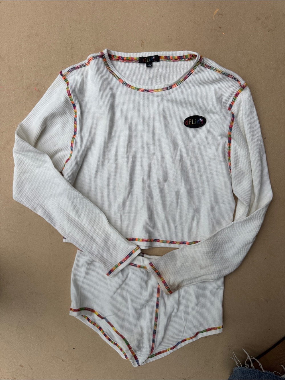 dELiA*s White Ribbed Long Sleeve Top with Multicolor Contrast Trim